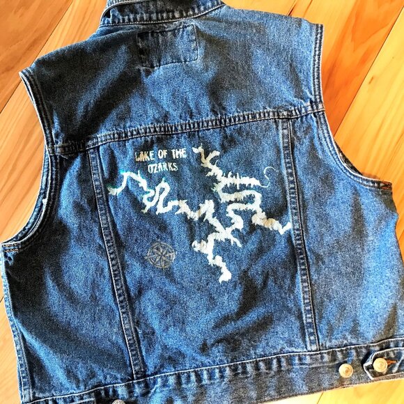 Upcycled Denim Vest, Size Medium: Painted Lake of the Ozarks Sleeveless Jacket - Picture 5 of 11